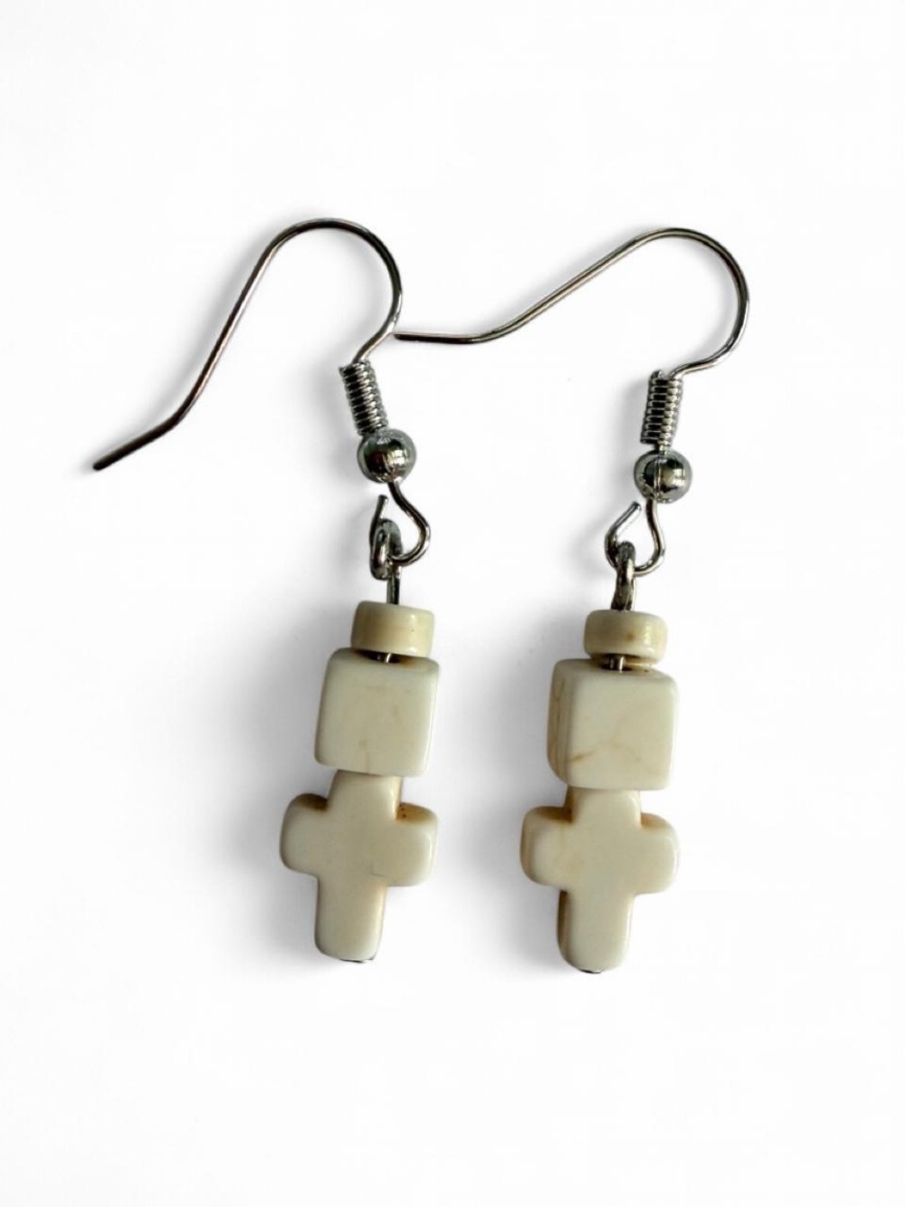 Handmade White Howlite Stone Style Cross Dangle Earrings Boho Western Indie New